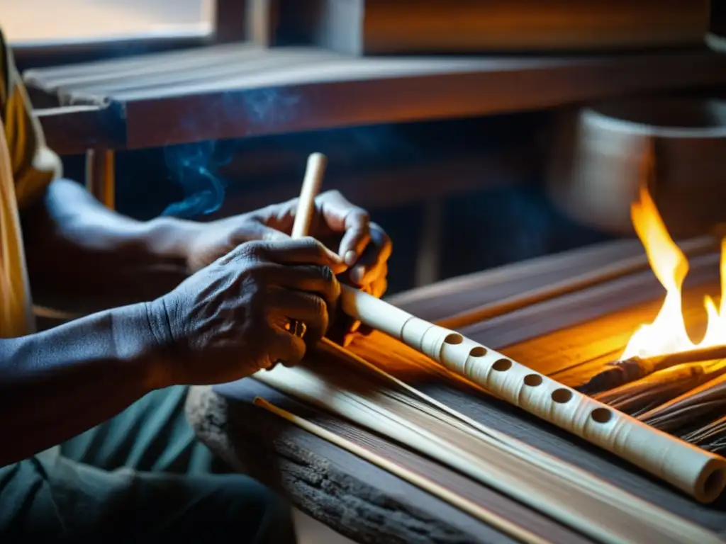 Un artesano habilidoso elabora a mano una zampoña en su taller, iluminado por una suave luz de fuego