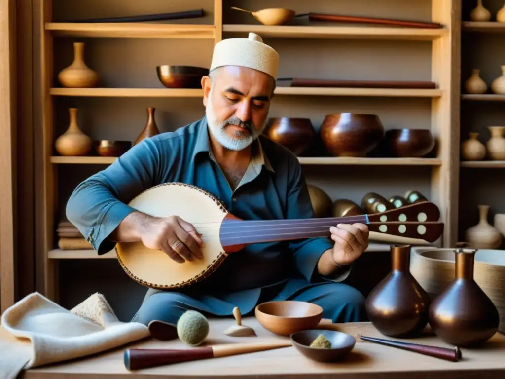 Un artesano habilidoso construye con meticulosidad un Saz turco, resaltando su historia y sonido