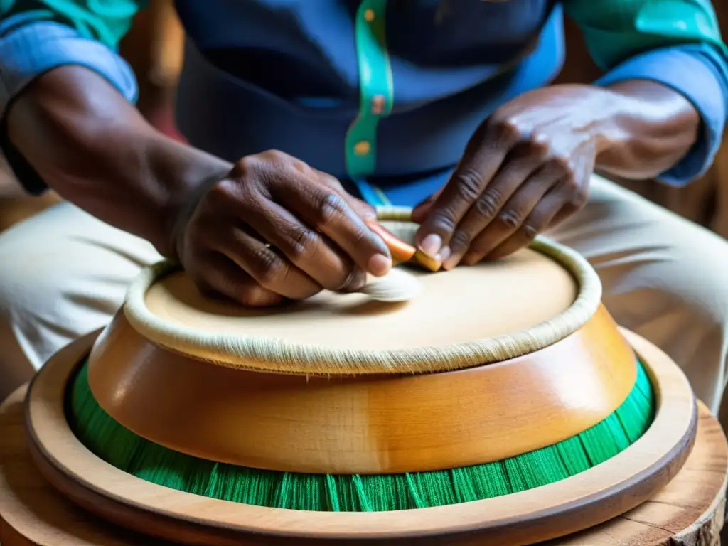 Un artesano habilidoso crea un pandeiro brasileño, mostrando la historia y la construcción meticulosa de este icónico instrumento de percusión