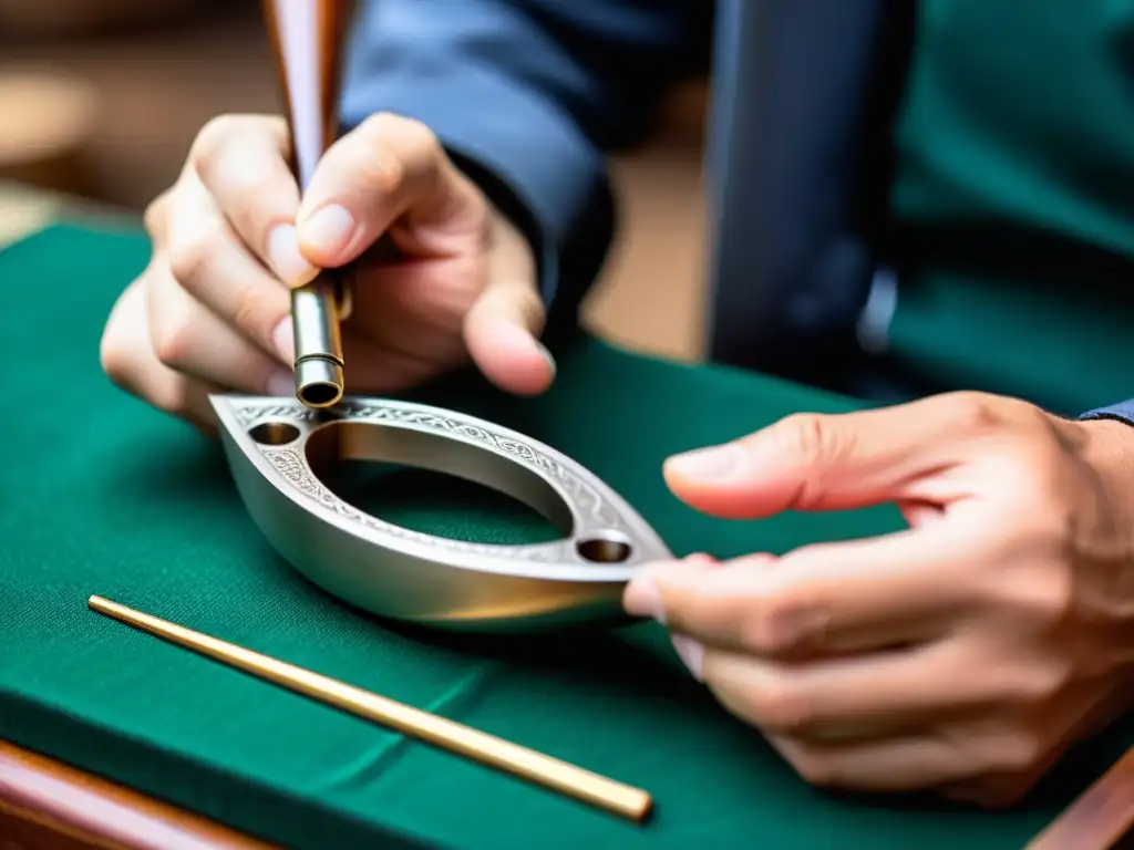 Un artesano habilidoso moldea con precisión un instrumento musical jaw harp asiático, mostrando la artesanía y la tradición en su taller