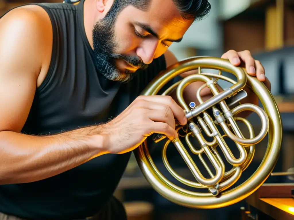 Un artesano habilidoso ensambla con precisión las partes intrincadas de una tuba, resaltando la artesanía y dedicación en su construcción