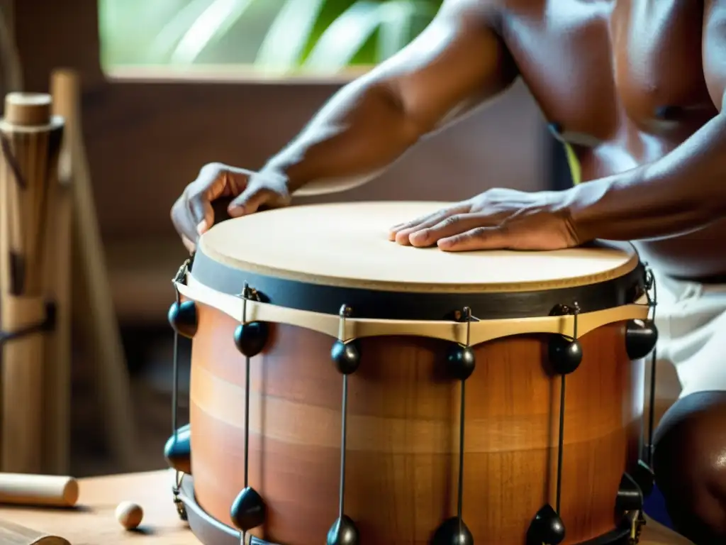 Un artesano habilidoso ensambla con precisión un surdo brasileño, resaltando su rico origen y construcción tradicional