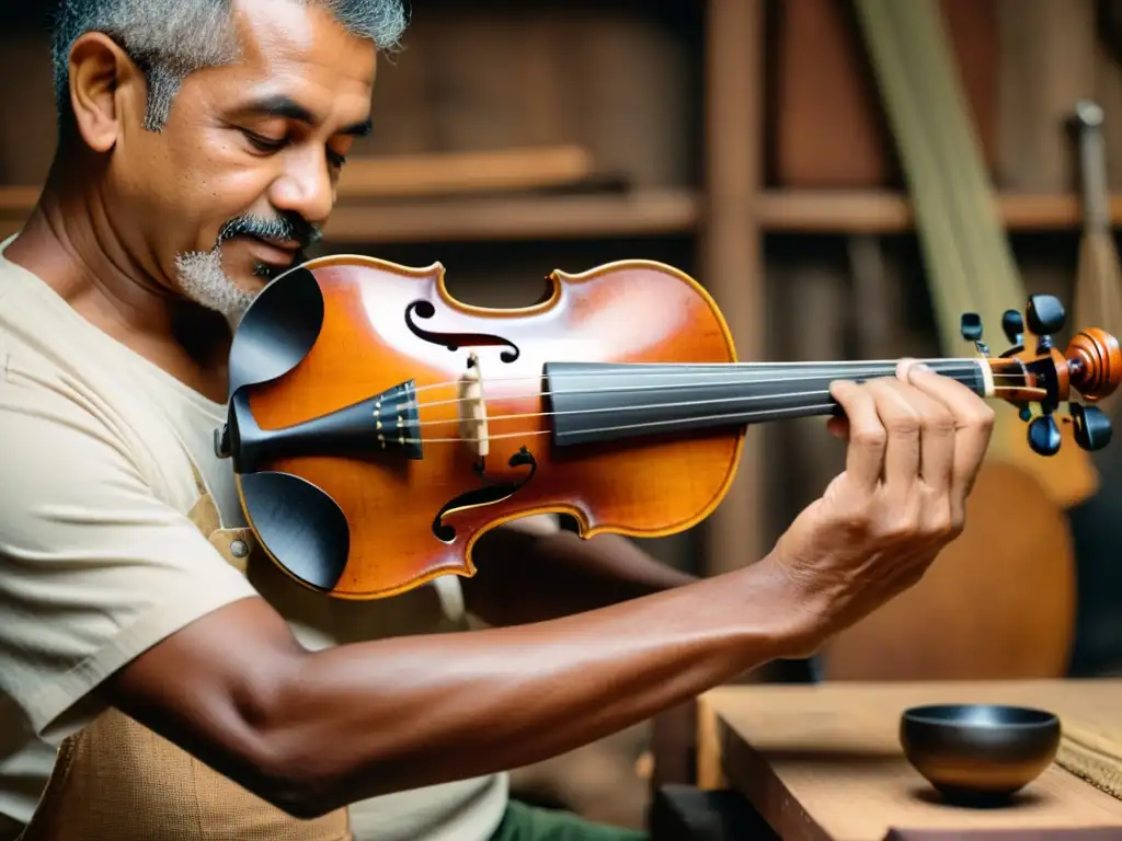 Artesano experto creando una rabeca brasileña tradicional Un artesano habilidoso construye una rabeca brasileña tradicional con herramientas antiguas en un cálido taller
