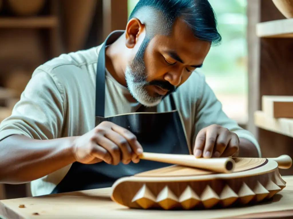 Un artesano habilidoso utiliza resinas ecológicas para instrumentos musicales, fusionando tradición y sostenibilidad en su meticulosa creación