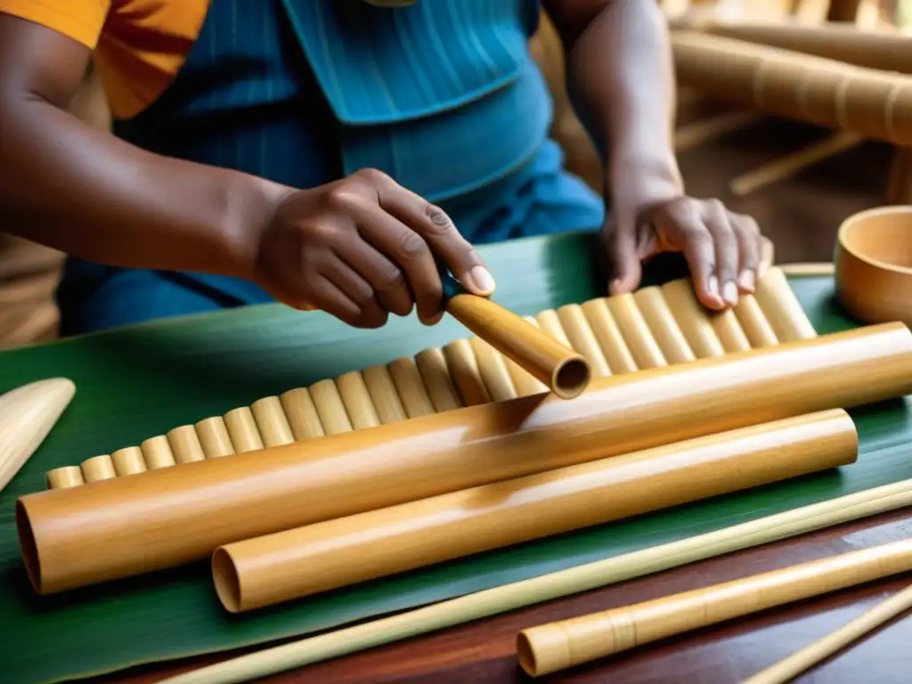 Artesano creando una zampoña: destreza y tradición Un artesano habilidoso tallando siringas de Pan con dedicación y destreza, rodeado de herramientas tradicionales y materiales, capturando la esencia de la artesanía y la mitología del instrumento pastoral