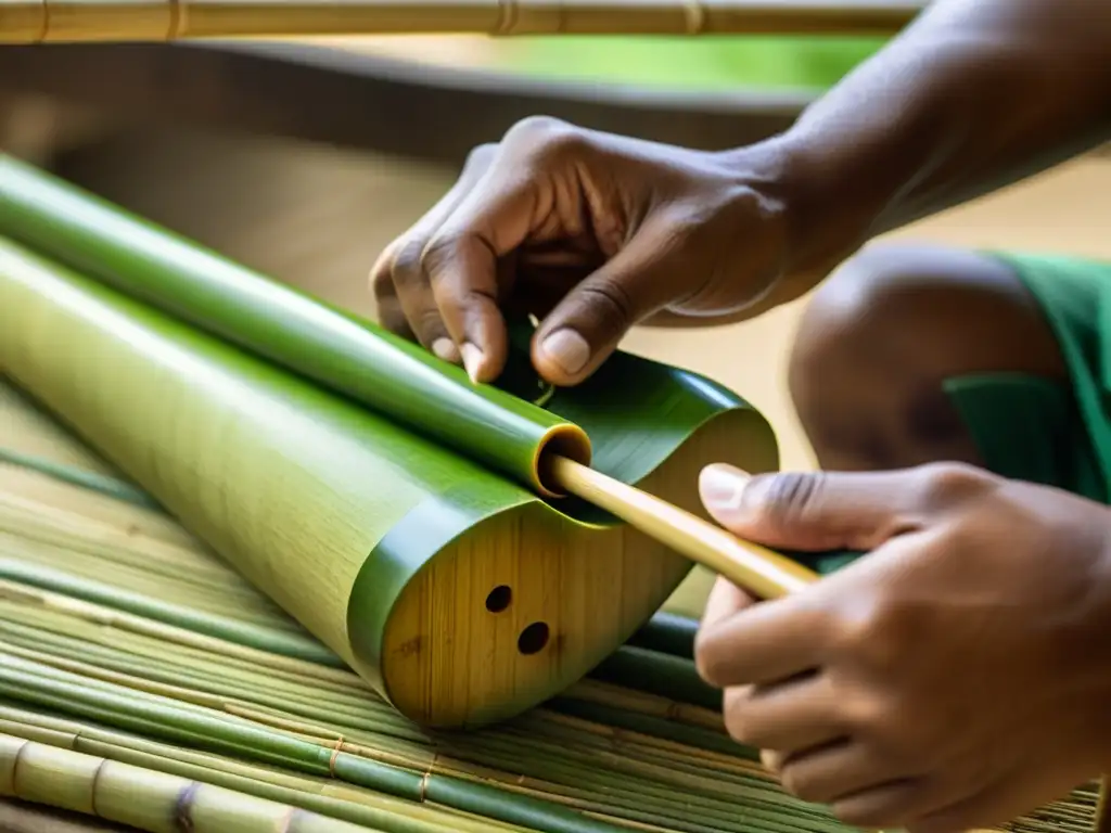 Un artesano habilidoso talla bambú para instrumentos musicales de bambú, mostrando destreza y dedicación en la creación