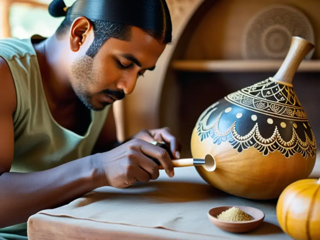 Un artesano habilidoso talla con precisión la calabaza resonante para un Kora tradicional