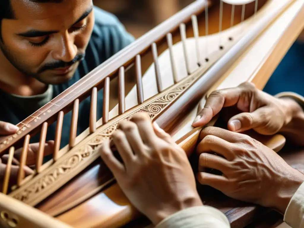 Un artesano habilidoso talla con cuidado la madera de una arpa paraguaya, mostrando la historia del arpa paraguaya y la artesanía tradicional