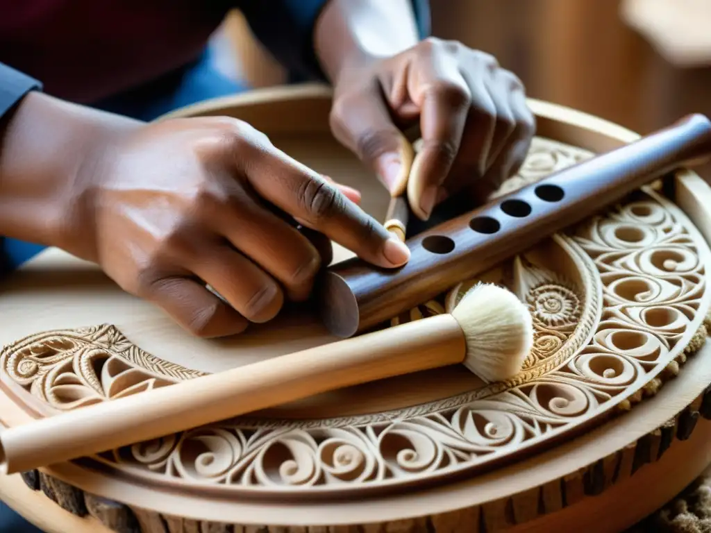 Un artesano habilidoso talla con dedicación un instrumento musical tradicional de madera, mostrando la artesanía y la herencia cultural