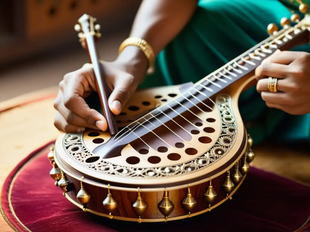 Un artesano habilidoso talla con delicadeza un sitar, resaltando la historia y técnica del sitar en la tradición musical de la India