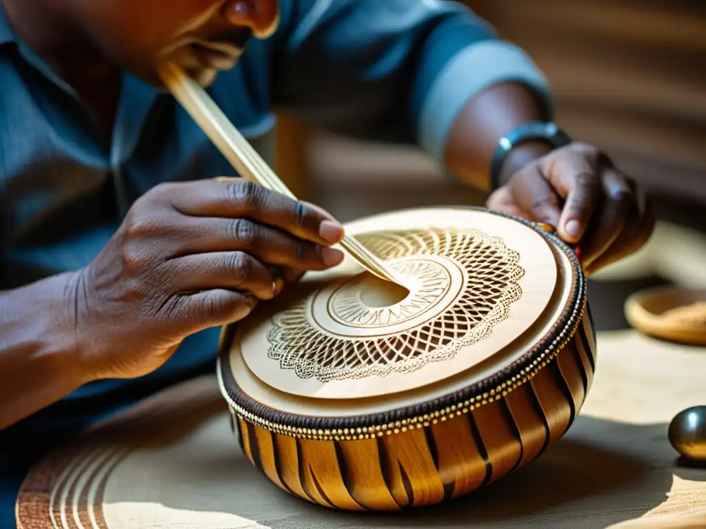 Un artesano habilidoso talla con delicadeza un charango, resaltando el trabajo detallado en la concha de armadillo