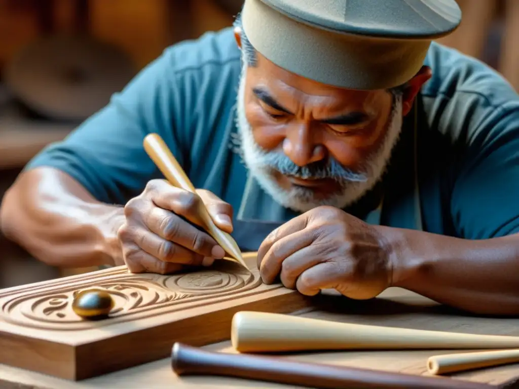 Un artesano habilidoso talla el delicado cuerpo de un Timple Canario en su taller rústico