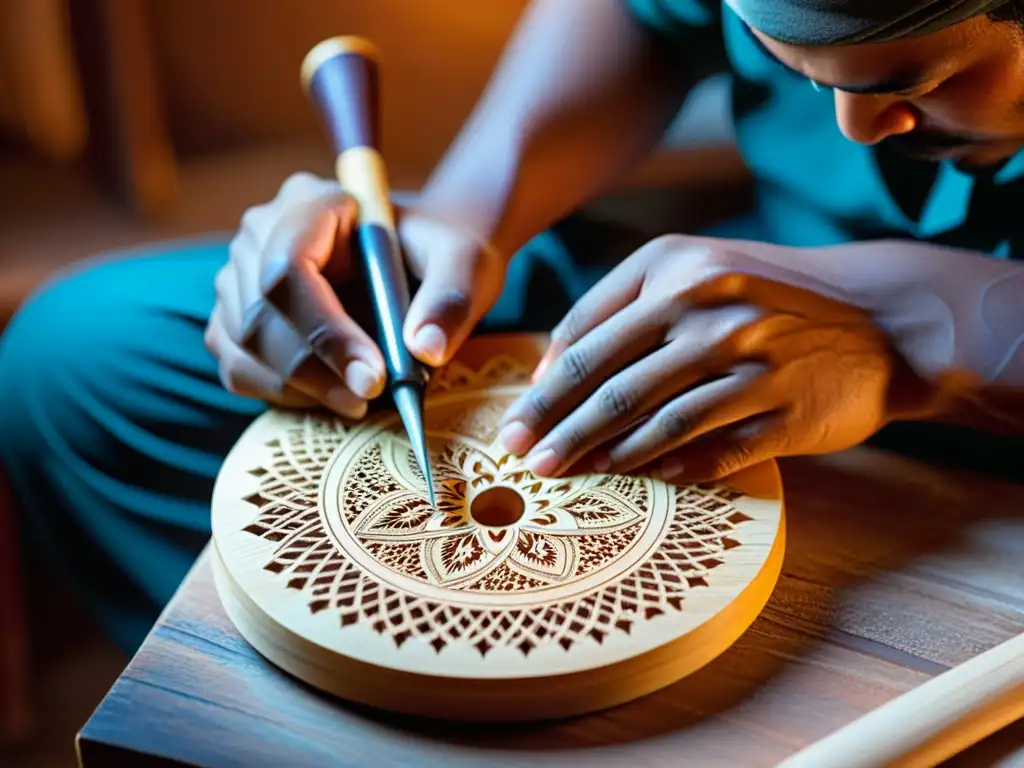 Un artesano habilidoso talla delicados diseños en el cuerpo de madera del rebab, mostrando precisión y arte en su trabajo