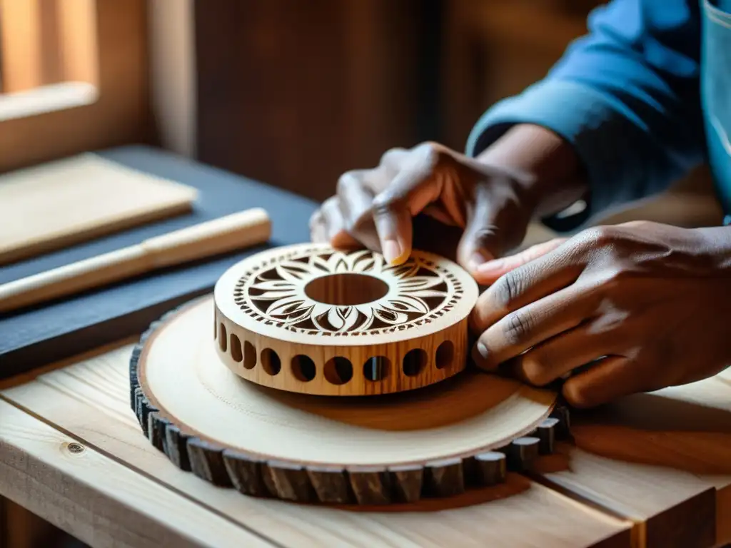 Un artesano habilidoso talla diseños en una kalimba de madera con concentración y precisión