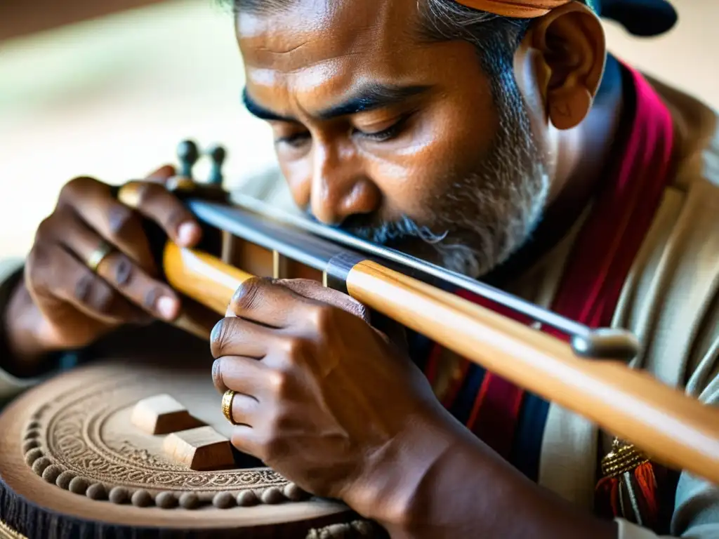 Un artesano habilidoso talla diseños intrincados en un Sarangi nepalí, destacando la precisión y dedicación en su construcción