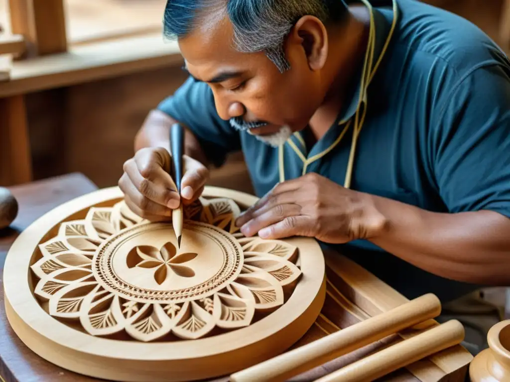 Un artesano habilidoso talla diseños en un instrumento musical tradicional, rodeado de herramientas de carpintería