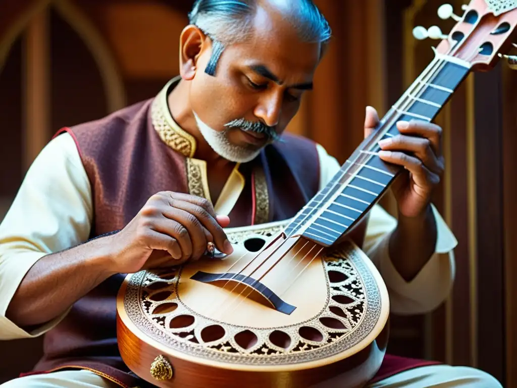 Un artesano habilidoso talla diseños intrincados en el mástil de un sitar, con concentración y herramientas de fondo