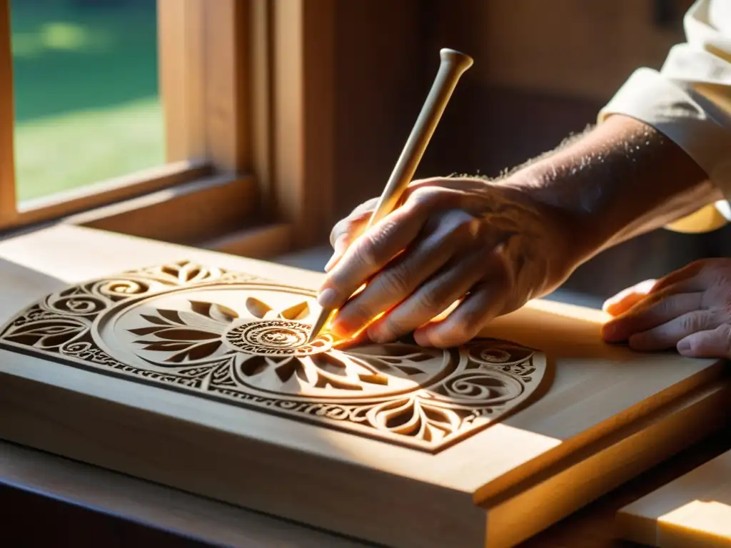 Un artesano habilidoso talla con precisión diseños en la madera de una hurdy gurdy tradicional