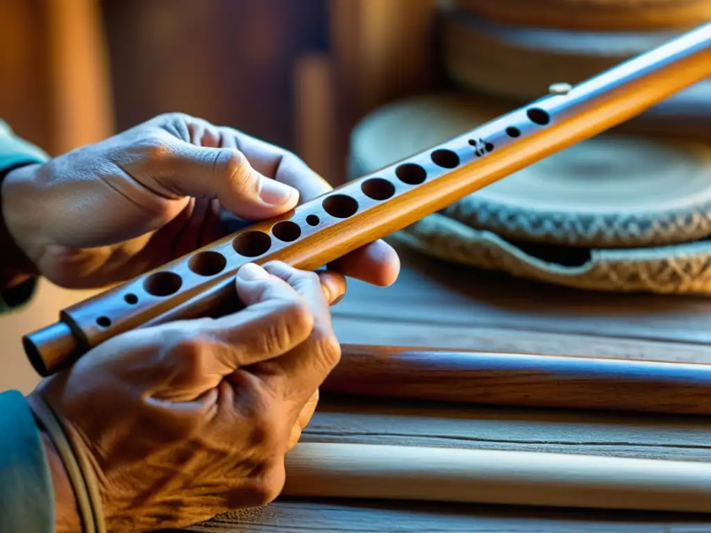 Un artesano habilidoso talla una flauta nativa con madera envejecida, resaltando la importancia cultural de estos instrumentos ancestrales