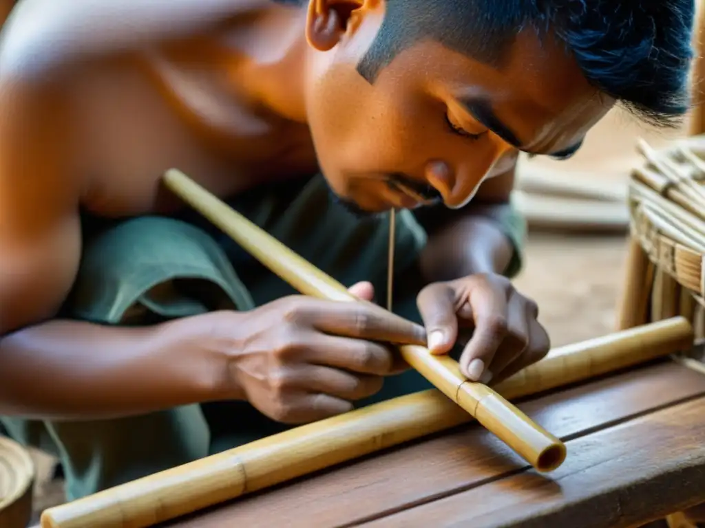 Un artesano habilidoso talla y da forma a una quena andina tradicional de bambú, rodeado de herramientas y tallas intricadas