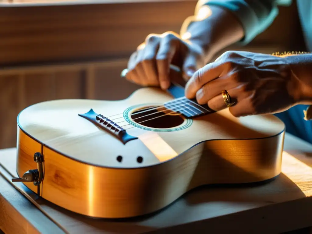 Un artesano habilidoso talla una guitarra de madera, mientras la luz del sol realza la textura rica del instrumento