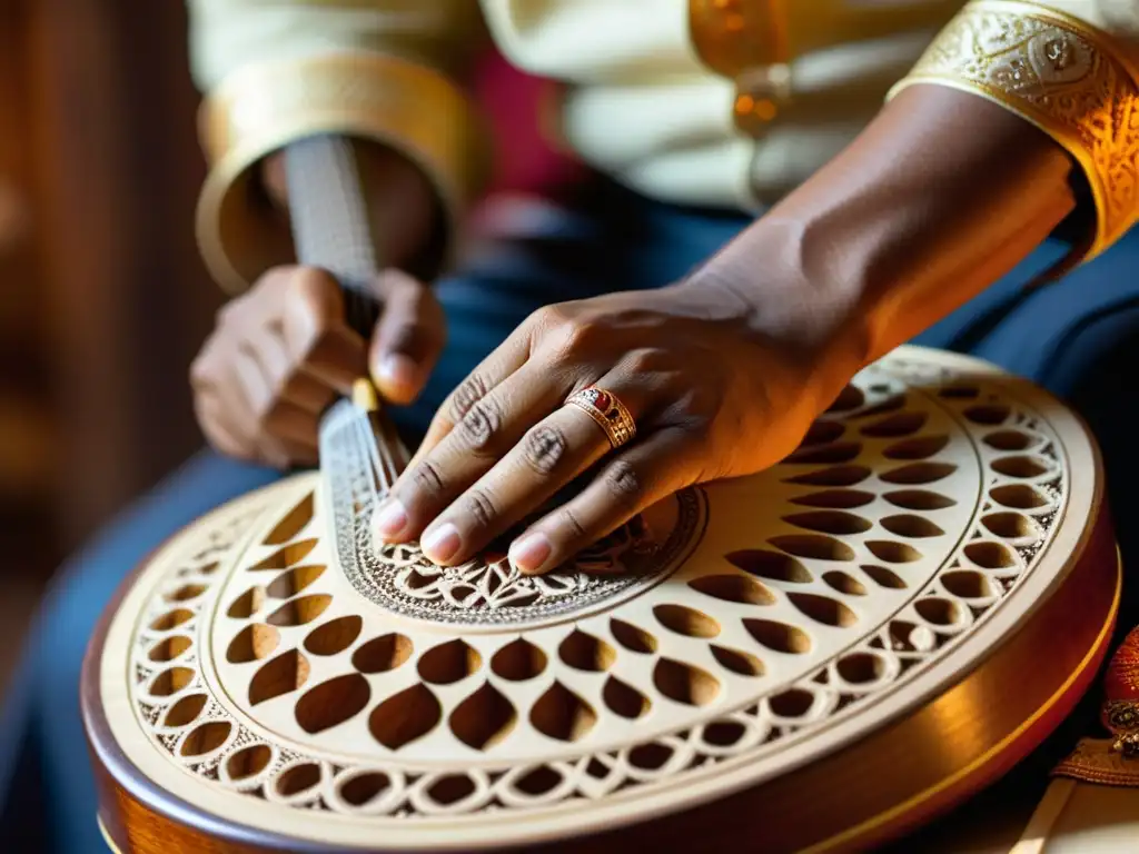 Un artesano habilidoso talla intrincados diseños en la construcción y técnica del sitar indio, con joyas tradicionales en sus manos