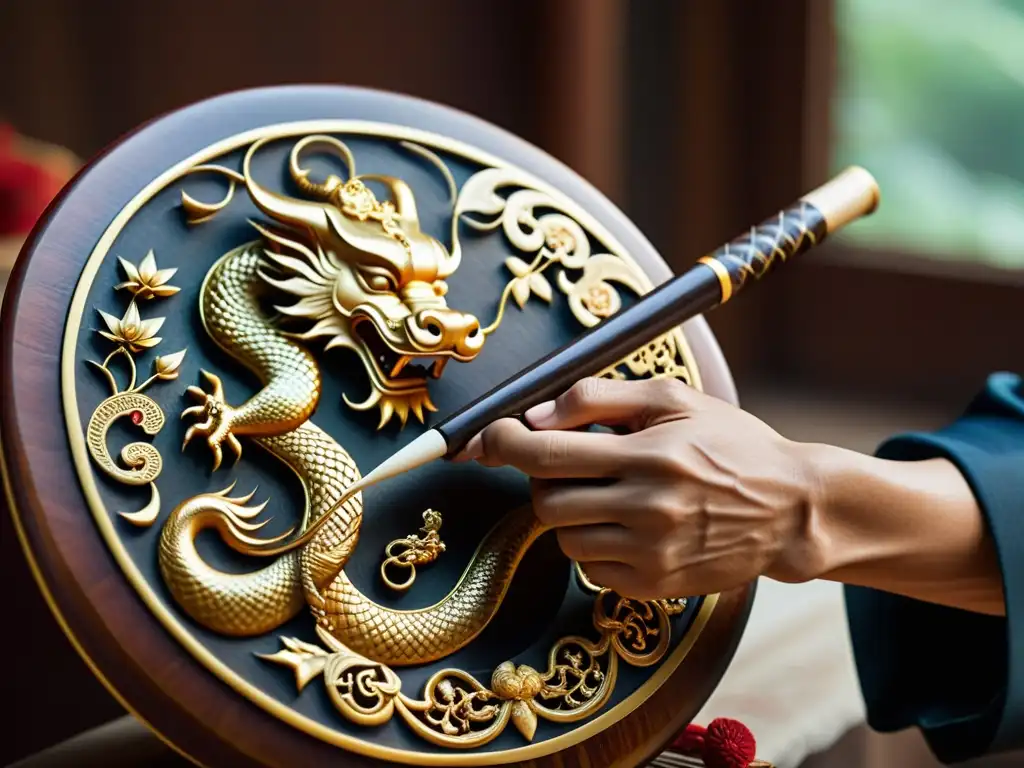 Un artesano habilidoso talla intrincados diseños de dragones en una pipa china laúd tradicional, mostrando la artesanía y tradición