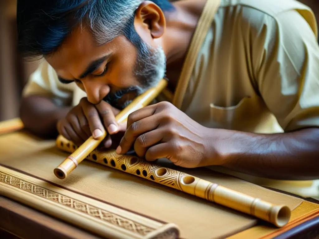 Un artesano habilidoso talla intrincados diseños en la flauta de bambú bansuri, destacando la historia y relevancia cultural del bansuri