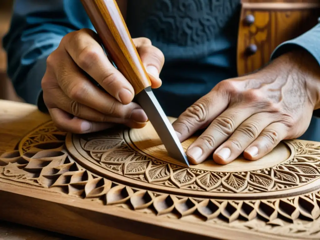 Un artesano habilidoso talla intrincados patrones en un duduk armenio, destacando la rica madera de albaricoque y la tradición musical étnica