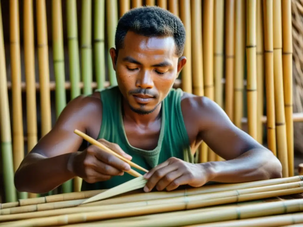 Un artesano habilidoso de Madagascar talla y ensambla un laúd tubular de bambú, reflejando la rica cultura musical malgache