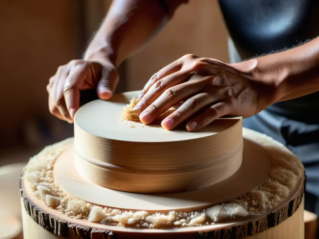 Un artesano habilidoso talla y lija con precisión el cuerpo de madera de un cajón flamenco, creando un instrumento de percusión con una rica historia sonora y una construcción meticulosa