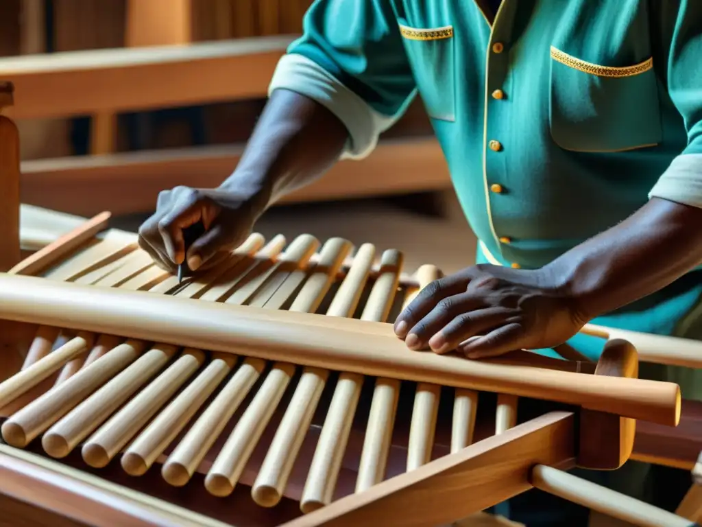 Un artesano habilidoso talla y ensambla una marimba tradicional, mostrando la auténtica artesanía y la historia de la marimba en América Latina