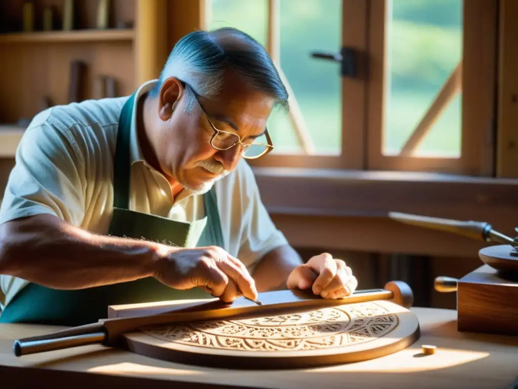 Un artesano habilidoso talla con meticulosidad patrones intricados en madera para dar forma al cuerpo resonante de un dulcimer de martillo