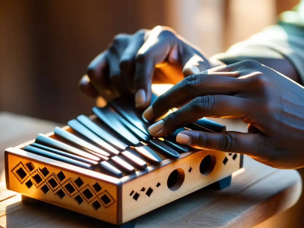 Un artesano habilidoso talla con orgullo una kalimba africana, mostrando la rica historia y sonido de la tradición musical