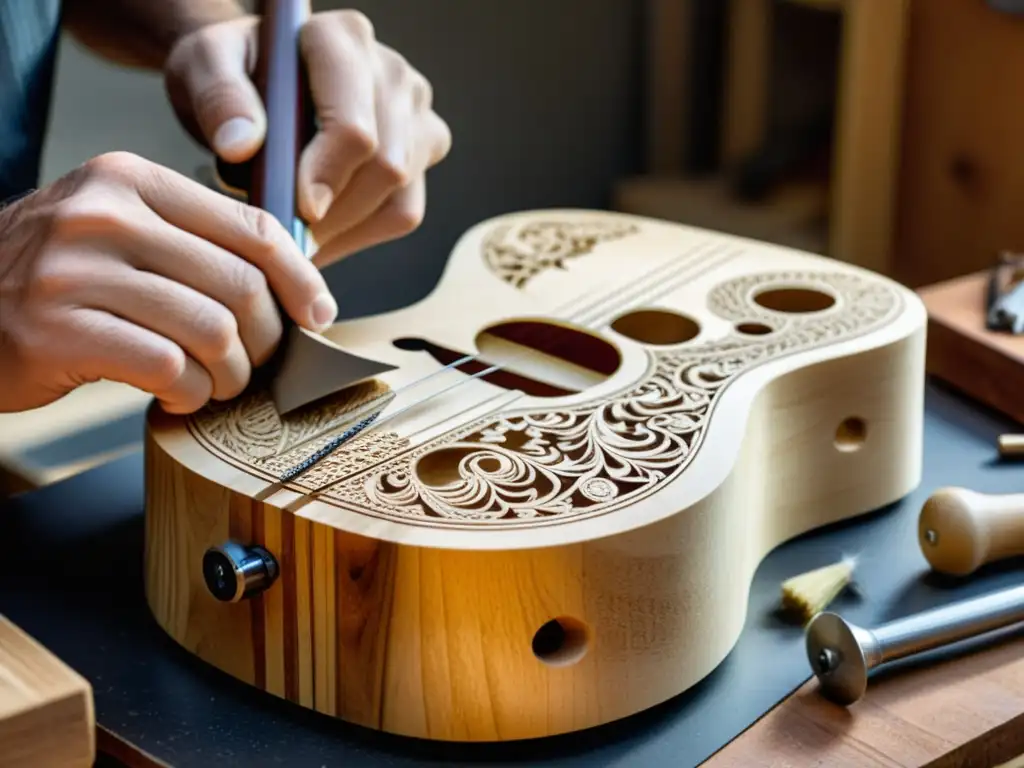 Un artesano habilidoso talla patrones en una guitarra de madera rodeado de herramientas, transmitiendo dedicación y destreza artesanal