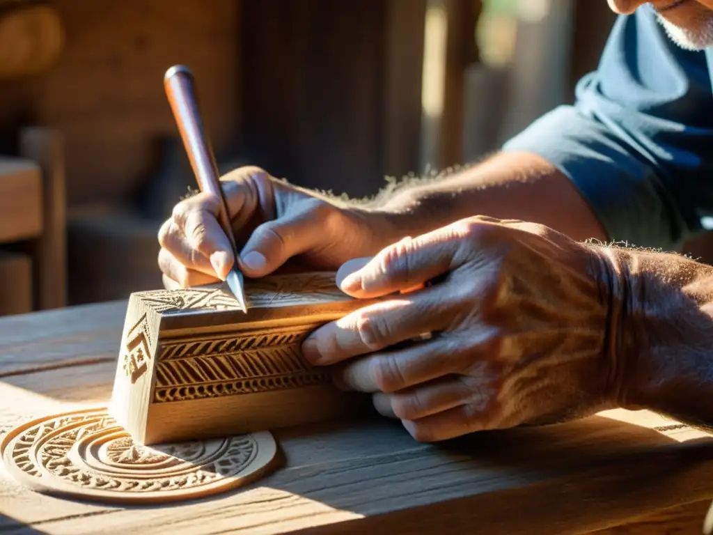 Un artesano habilidoso talla patrones en madera antigua para crear un instrumento tradicional provenzal, bañado por la cálida luz del sol