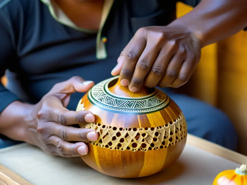 Artesano tallando un güiro: habilidad y tradición Un artesano habilidoso talla patrones intrincados en un güiro, destacando la artesanía y atención al detalle