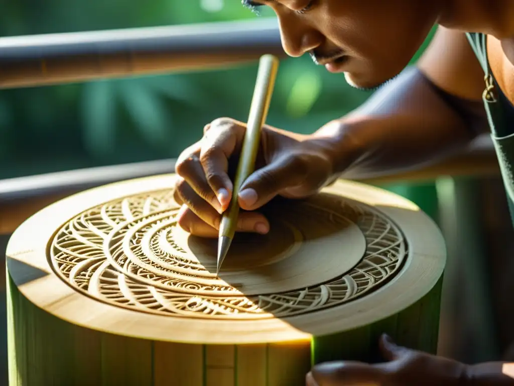 Un artesano habilidoso talla patrones intrincados en un trozo de bambú pulido, creando instrumentos musicales de bambú con precisión y dedicación