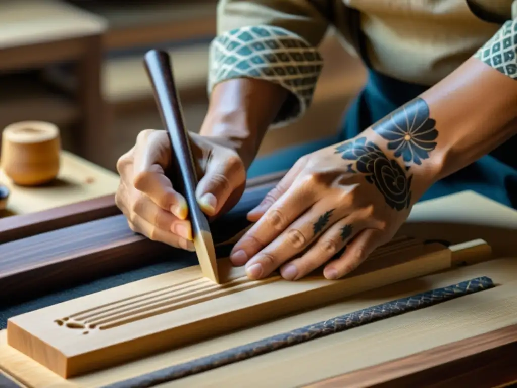 Un artesano habilidoso talla con precisión la madera para elaborar el cuerpo delicado de un tradicional koto japonés