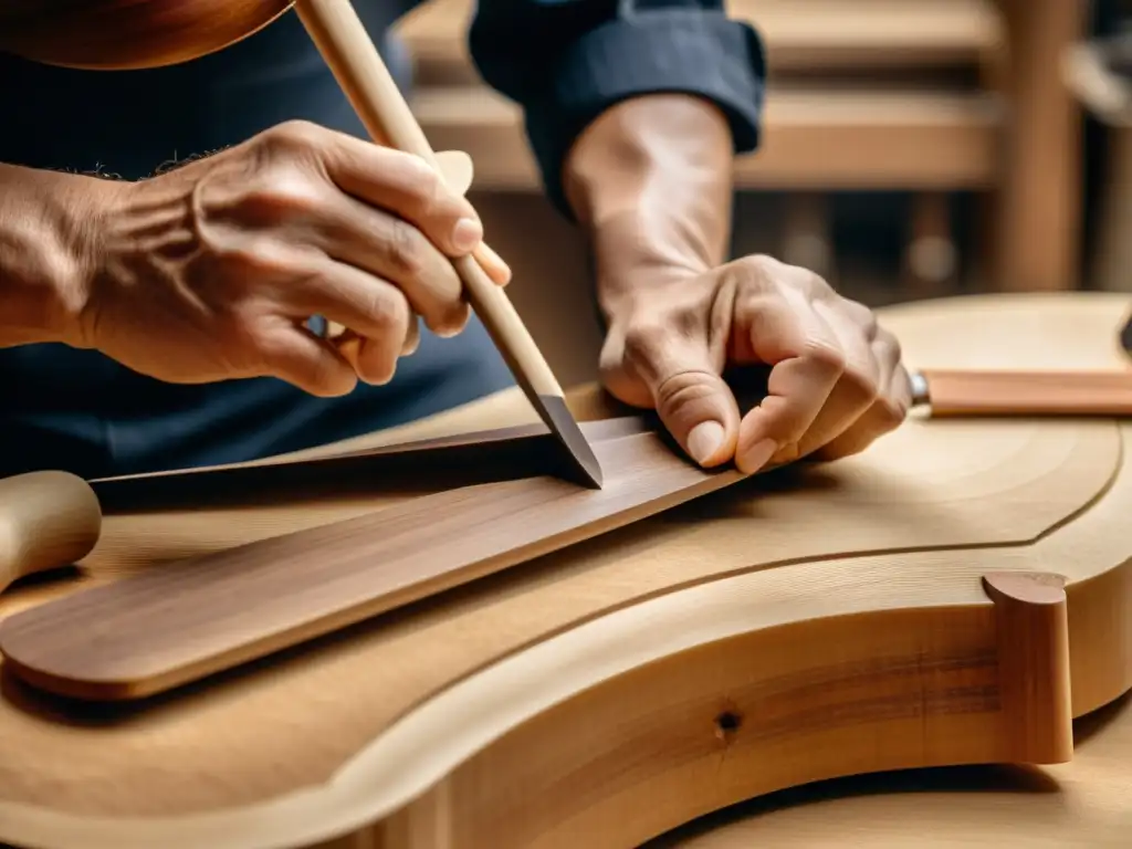 Un artesano habilidoso talla con precisión una viola da gamba, mostrando la dedicación y la tradición en la creación de este instrumento histórico