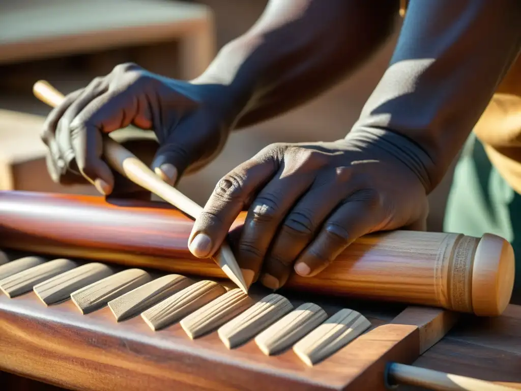 Un artesano habilidoso talla con precisión una marimba africana, mostrando destreza y dedicación en la construcción de esta histórica pieza musical