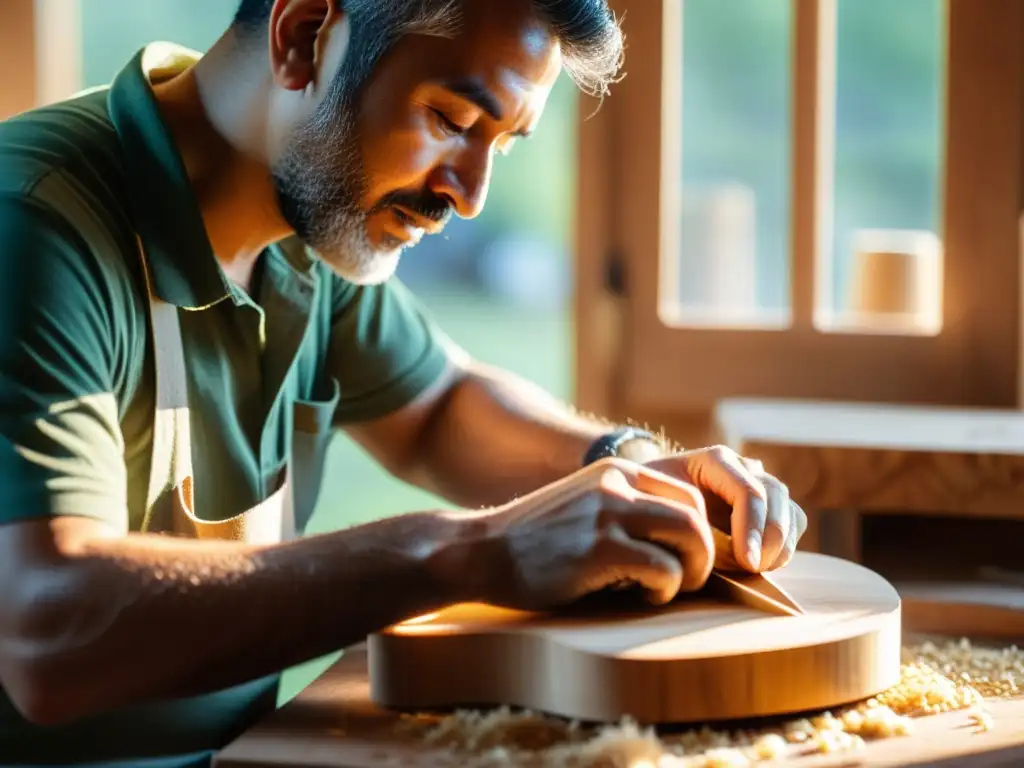 Un artesano habilidoso talla con precisión una guitarra de madera sostenible, creando una atmósfera cálida y detallada