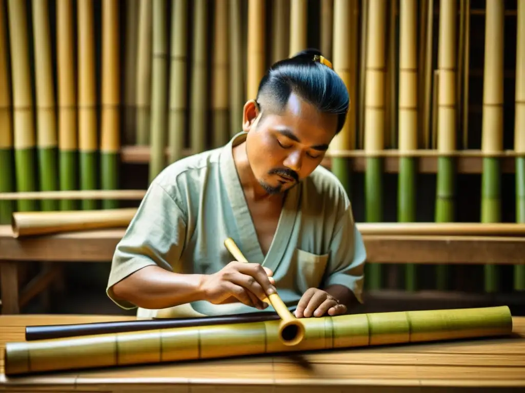 Un artesano habilidoso talla con precisión una flauta de bambú entre otros instrumentos musicales de bambú en diferentes etapas de producción