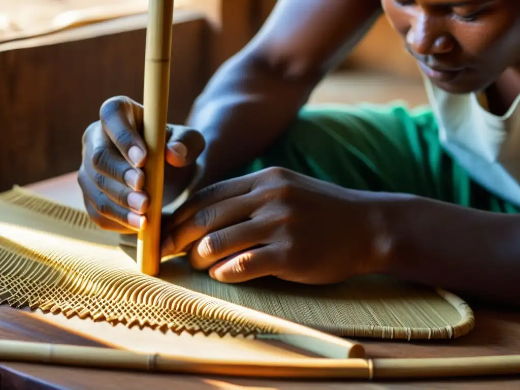 Un artesano habilidoso talla con precisión tubos de bambú para crear el tradicional instrumento valiha de Madagascar, bañado por la cálida luz del sol