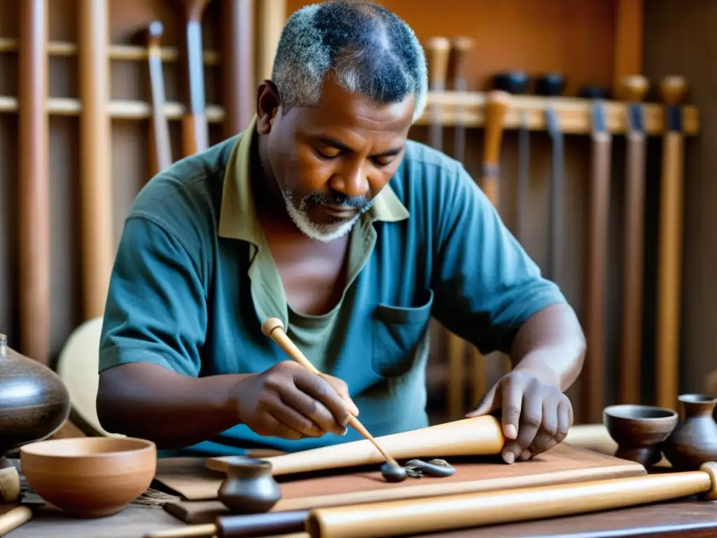 Un artesano habilidoso preserva la tradición al crear un instrumento musical, rodeado de herramientas y materiales