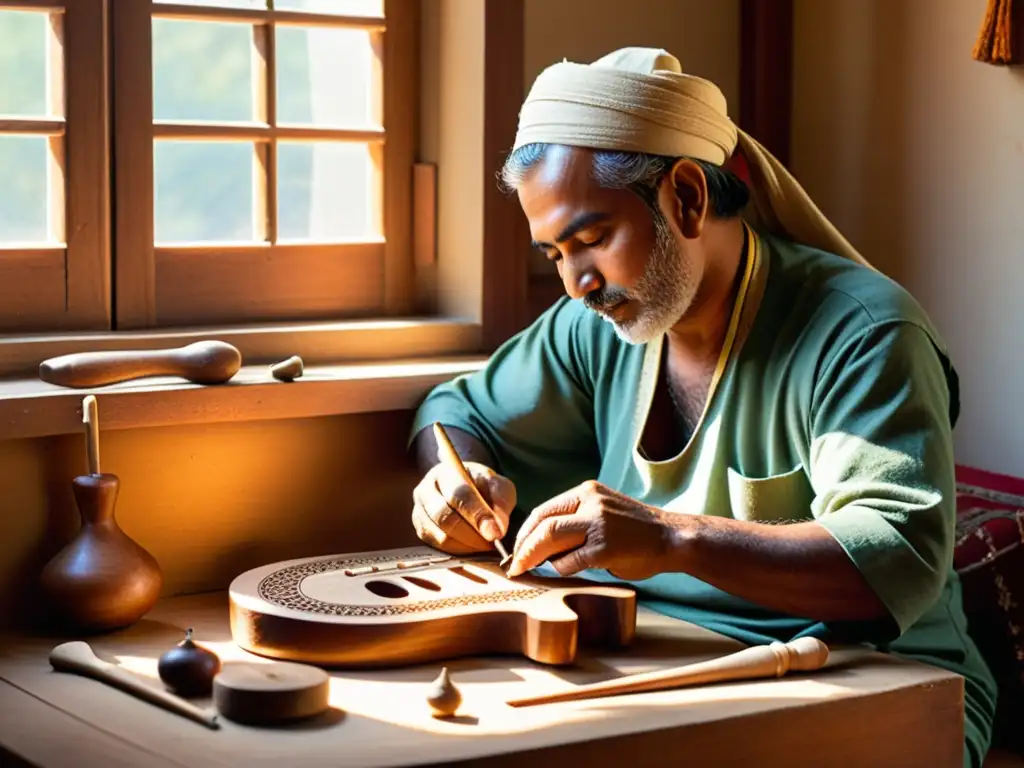 Un artesano habilidoso, vestido con ropa tradicional, talla patrones intrincados en un sitar de madera rodeado de herramientas y virutas