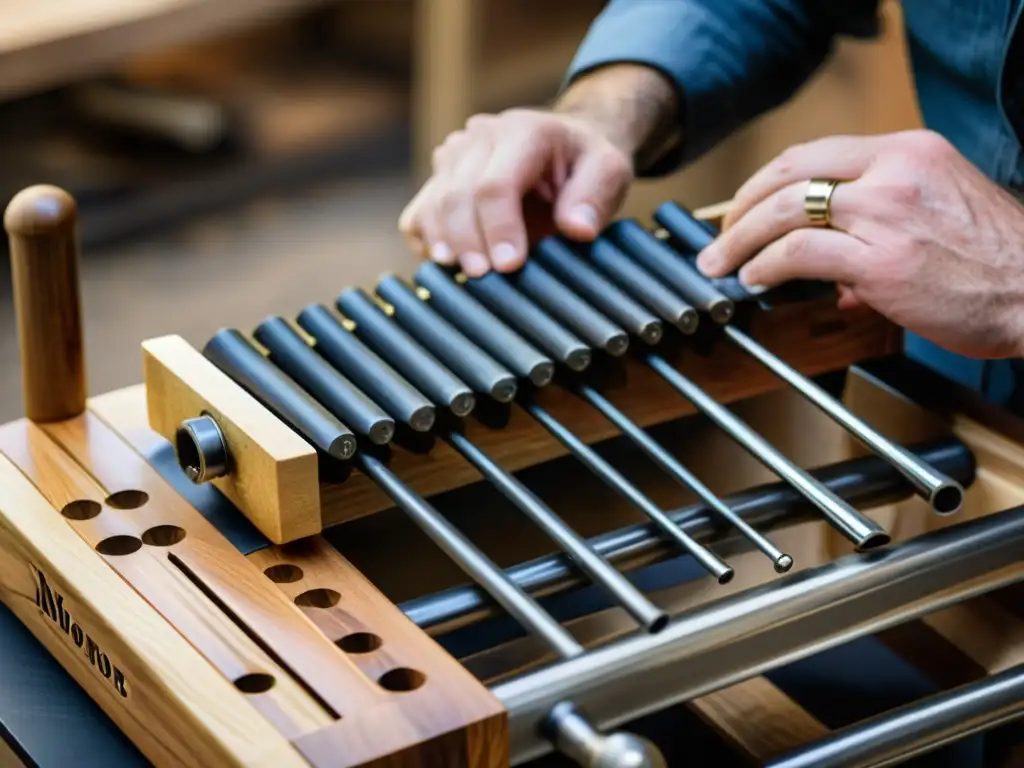 Un artesano habilidoso crea un xilófono sostenible, destacando la artesanía y la innovación sostenible en instrumentos de percusión melódica