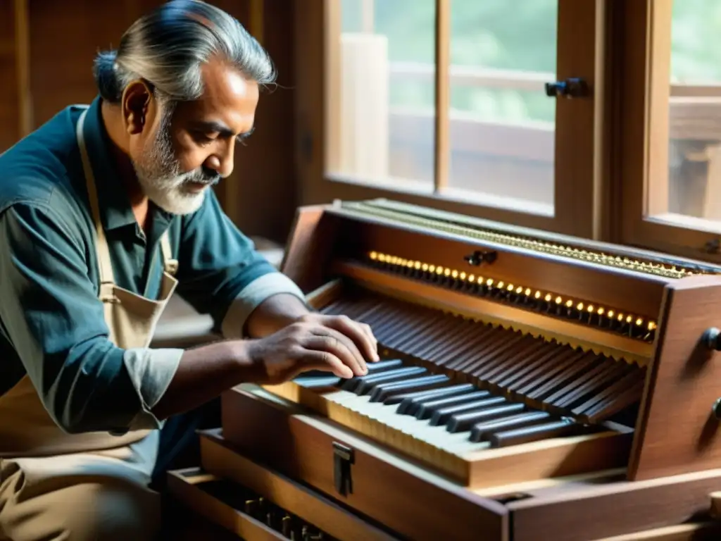 Un artesano hábil construye un harmonium tradicional a mano en un taller tenue, resaltando la importancia del harmonium en el kirtan