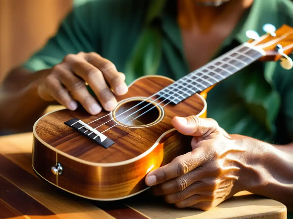 Un artesano hawaiano talla delicadamente un ukelele de koa