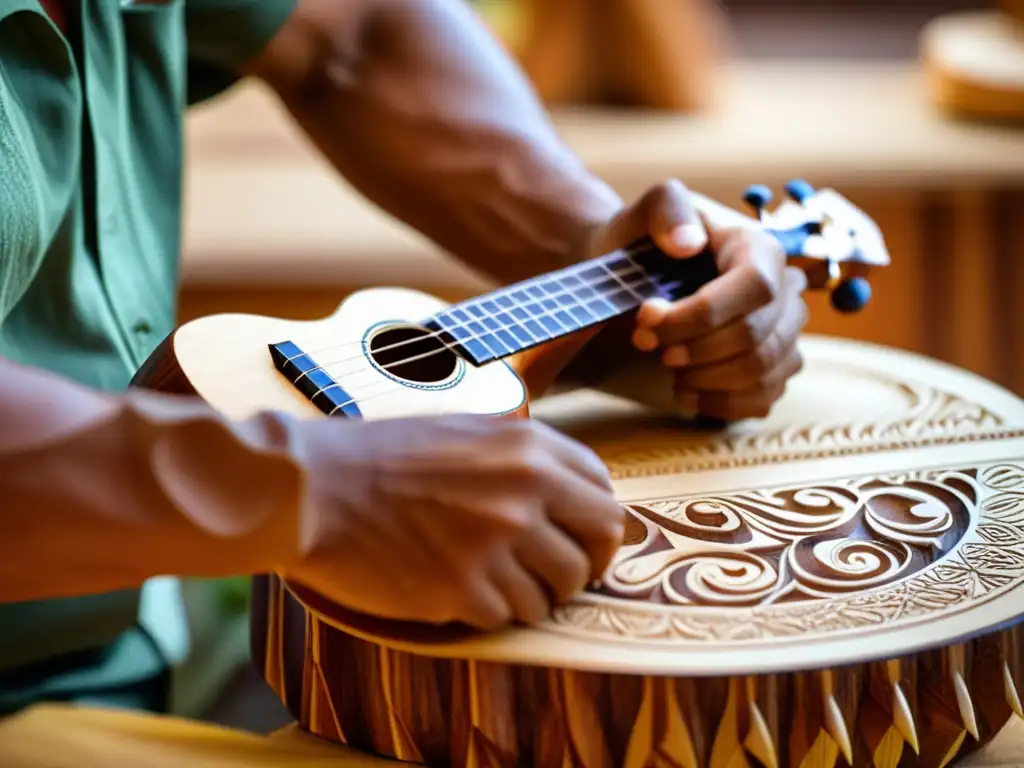 Un artesano hawaiano talla un ukulele tradicional, mostrando el proceso de tallado en madera con detalles intrincados